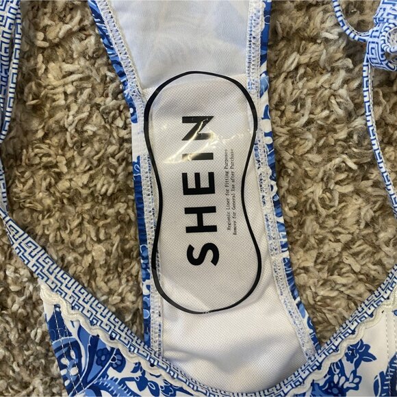 ⭐ 3/$15 Shein Blue White Floral Print Cheeky Side Tie Bikini Bottom S - Picture 4 of 5
